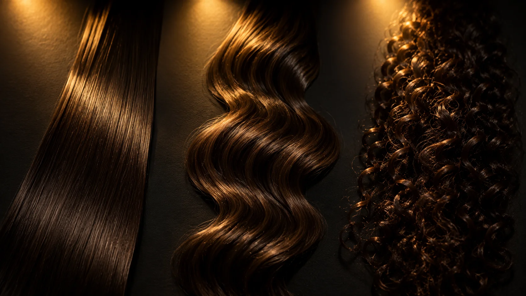 Tres mechones de cabello, lacio, ondulado y rizado, mostrando distintas texturas