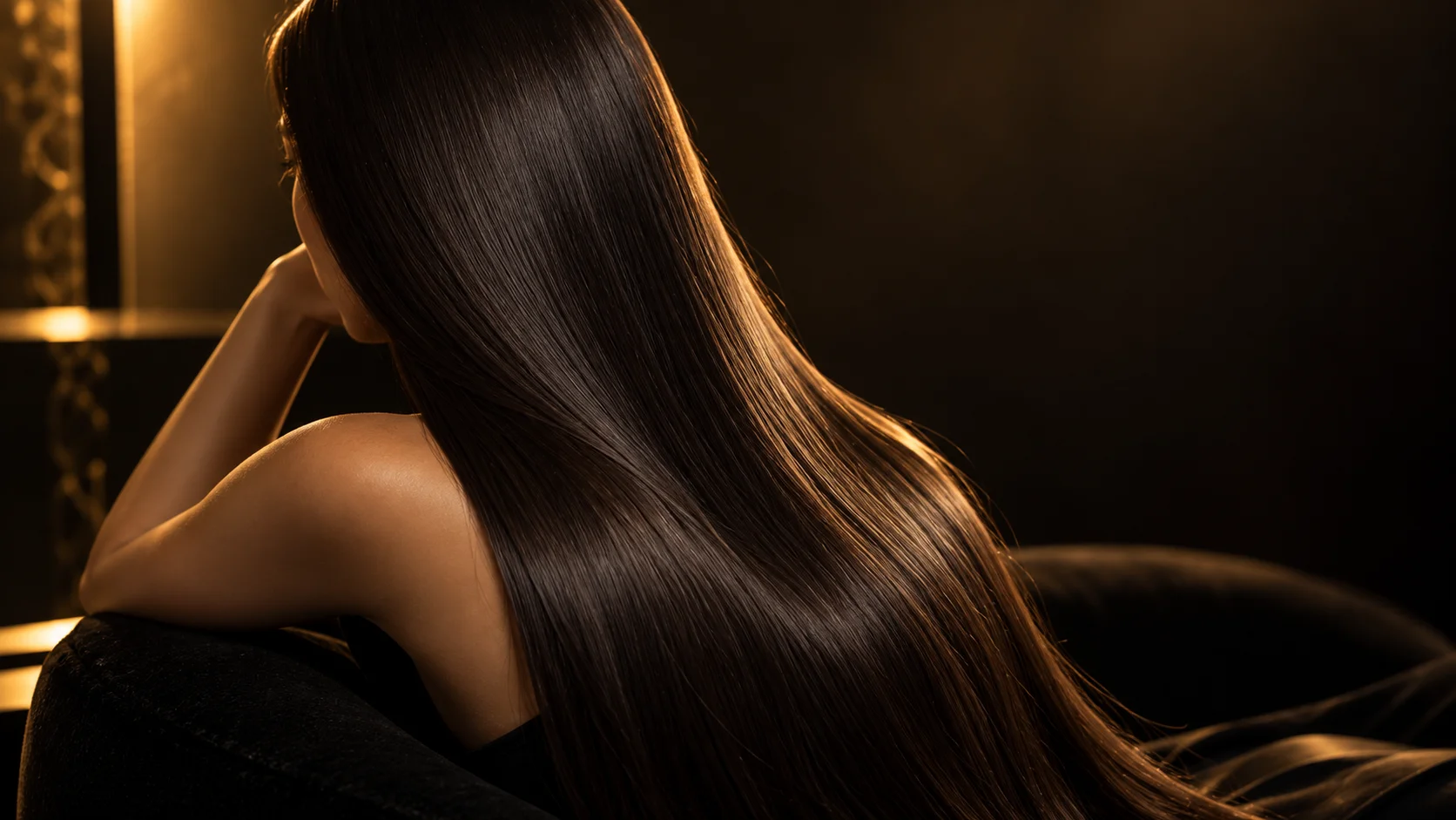 Mujer con cabello lacio y brillante suelto, en una pose relajada