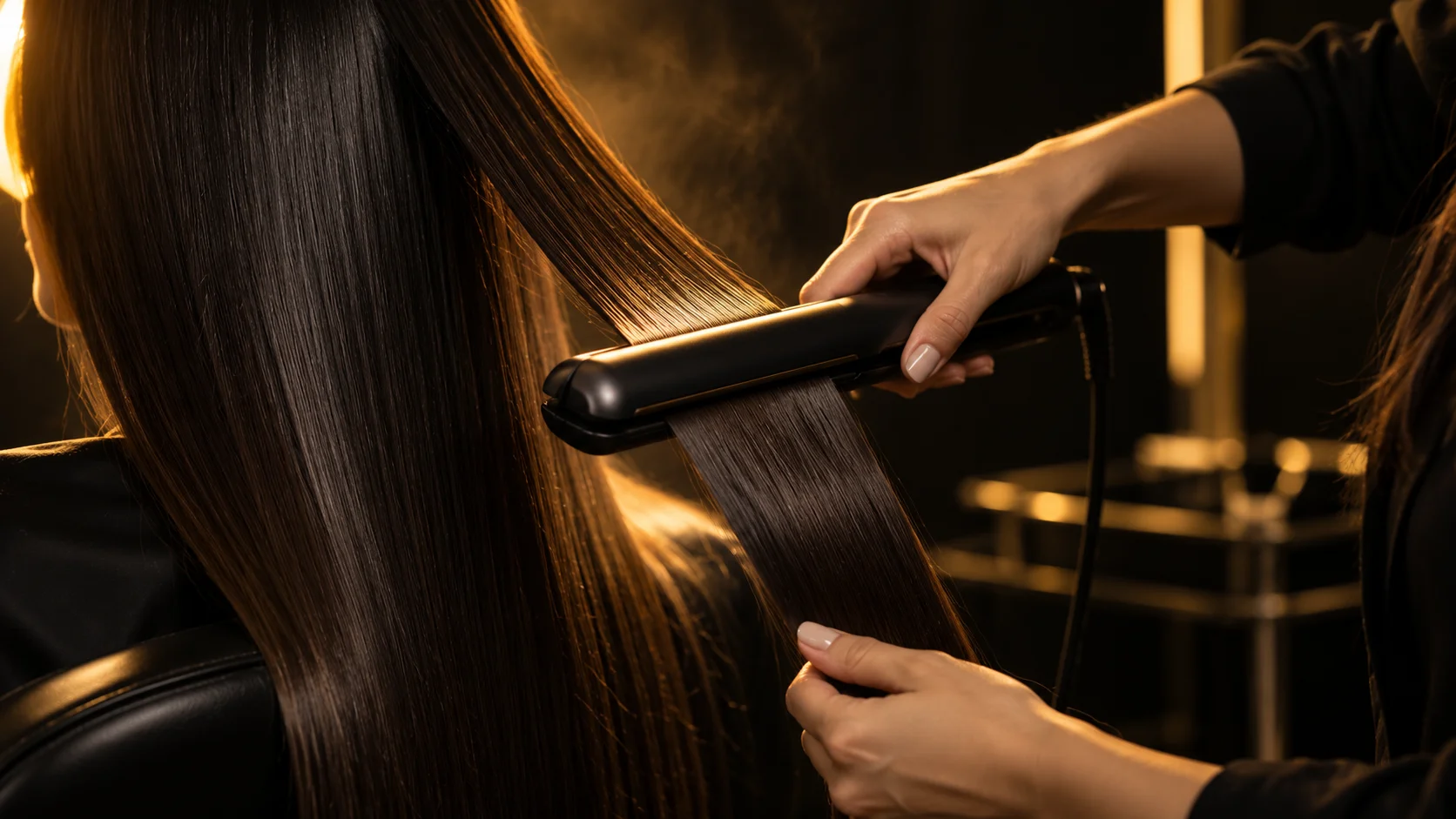 Estilista aplicando plancha profesional sobre cabello lacio y brillante